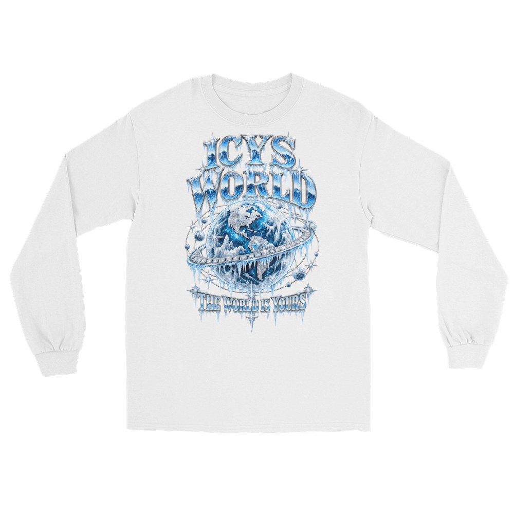 ICYS WORLD Globe Long Sleeve – iced-out streetwear long sleeve graphic tee, white, front view