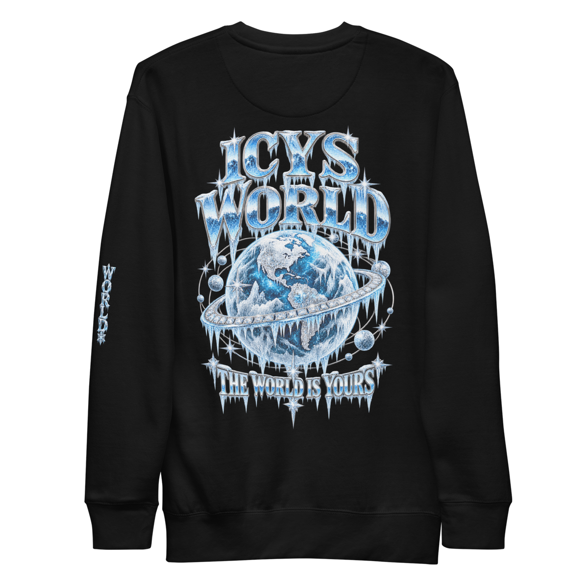 ICYS WORLD The World Is Yours Crew – iced-out streetwear graphic crewneck sweatshirt, black, back view
