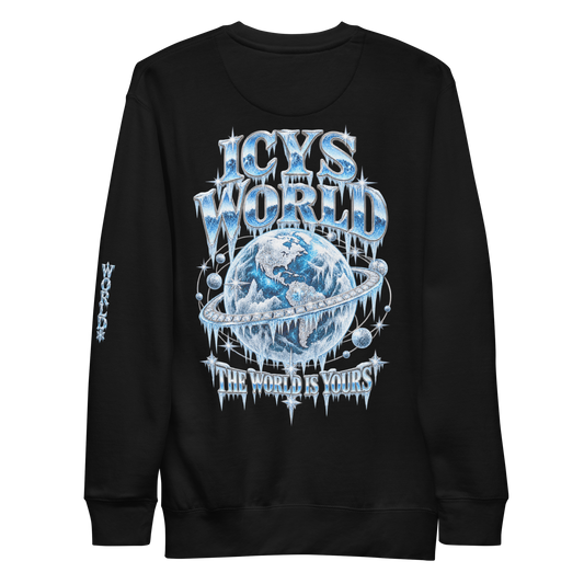 ICYS WORLD The World Is Yours Crew – iced-out streetwear graphic crewneck sweatshirt, black, back view