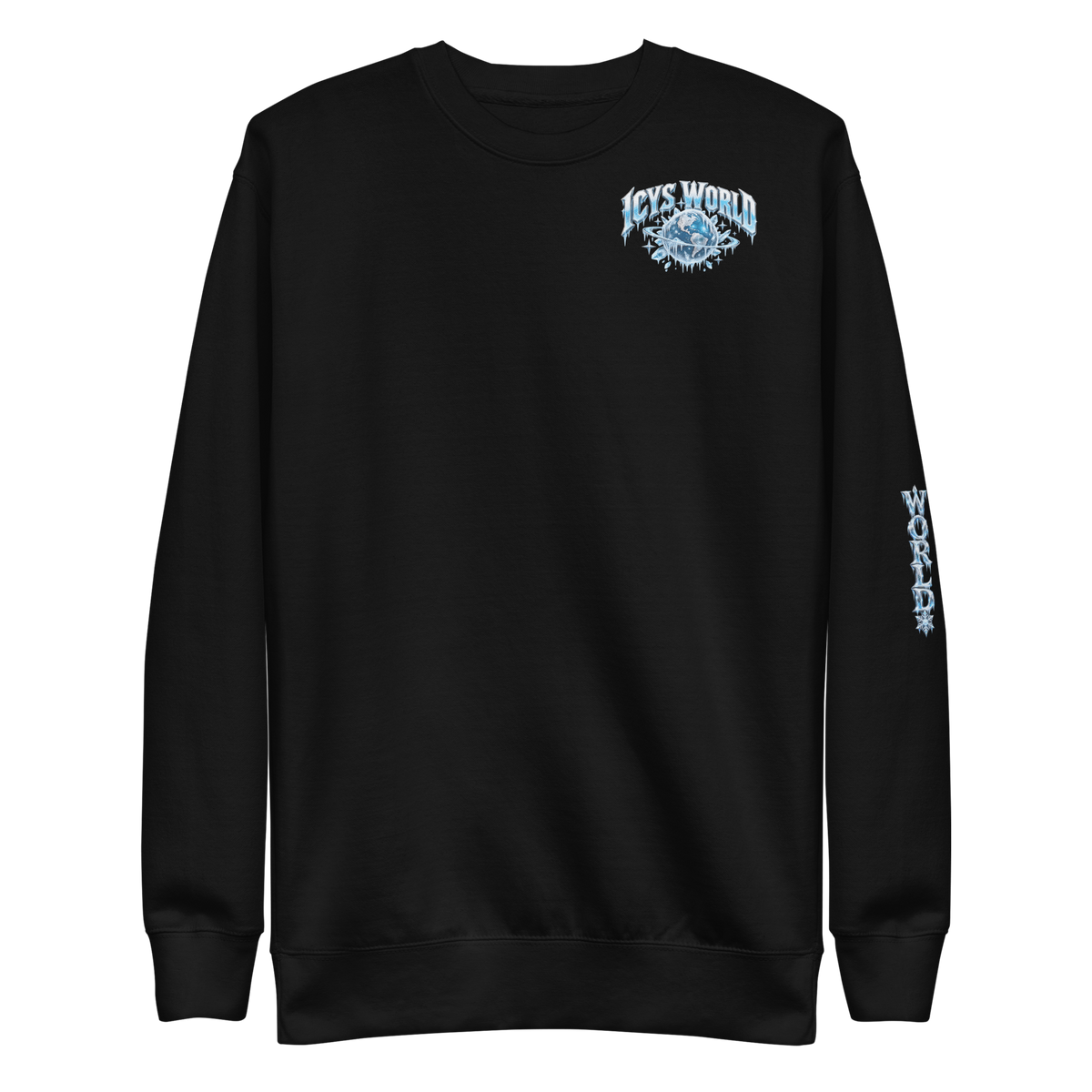 ICYS WORLD The World Is Yours Crew – iced-out streetwear graphic crewneck sweatshirt, black, front view
