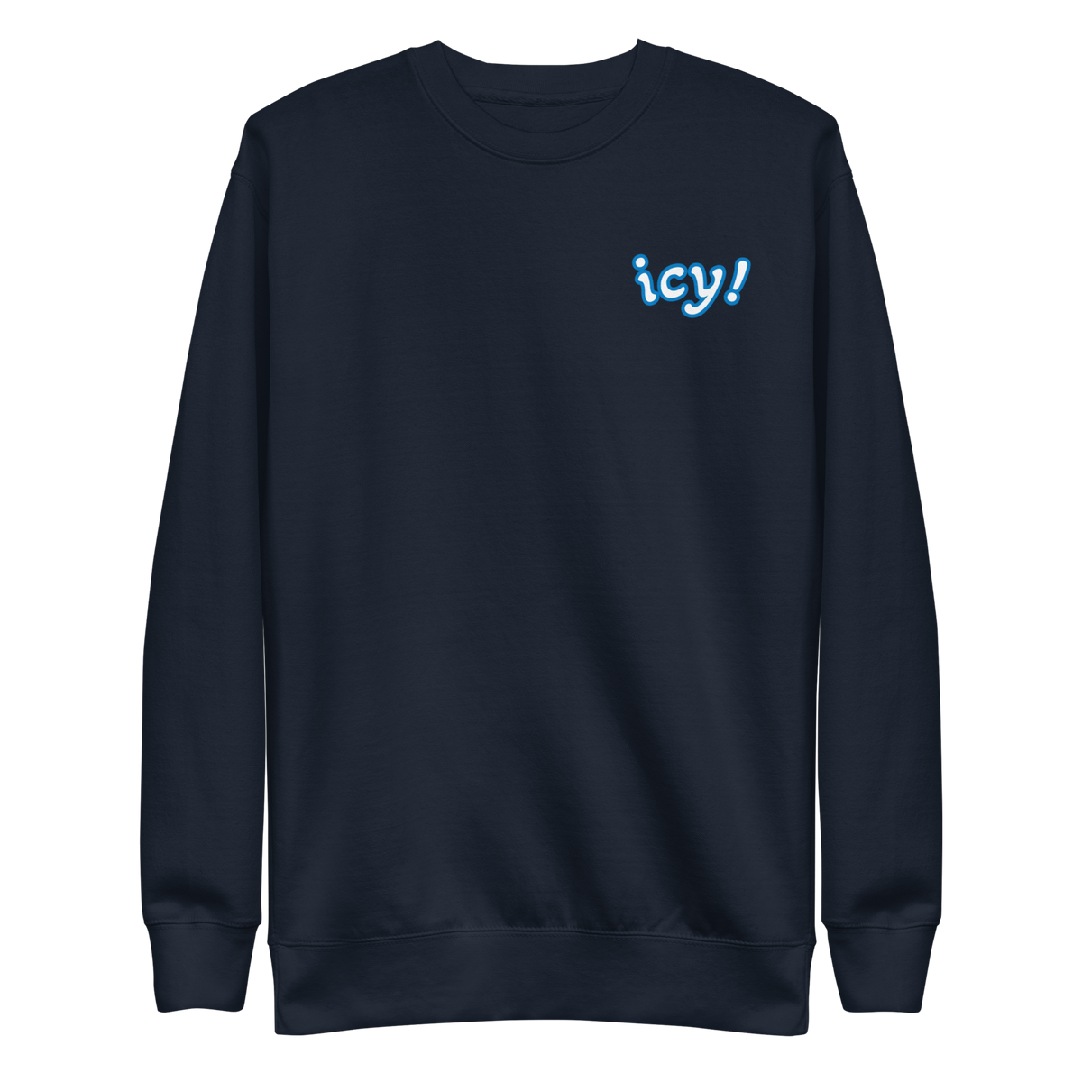 ICYS WORLD Crew – iced-out streetwear graphic crewneck sweatshirt, navy, front view