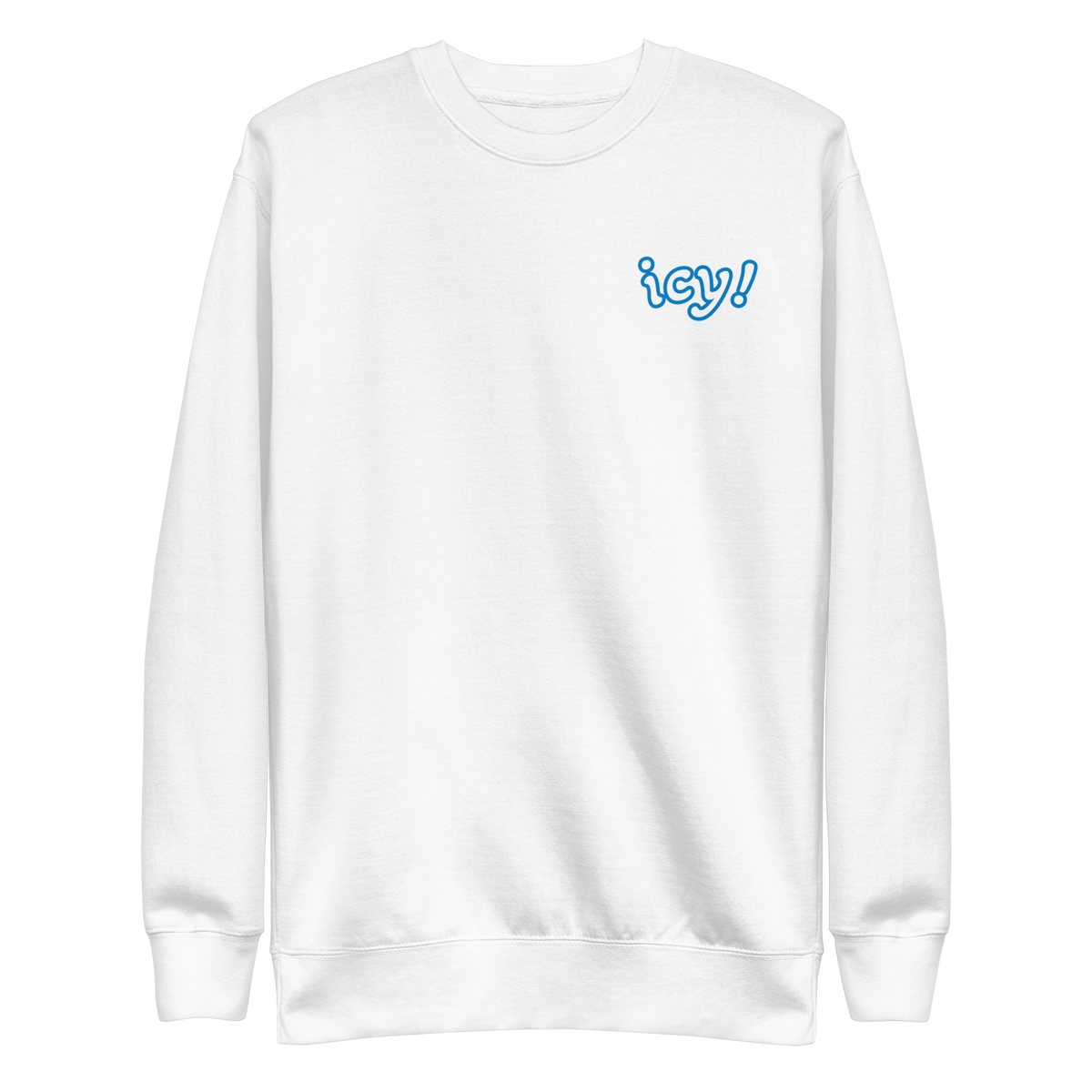 ICYS WORLD Crew – iced-out streetwear graphic crewneck sweatshirt, white, front view