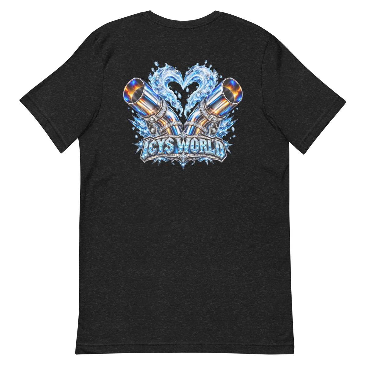 ICYS WORLD Exhaust Heart Tee – iced-out streetwear graphic tee, black, back view