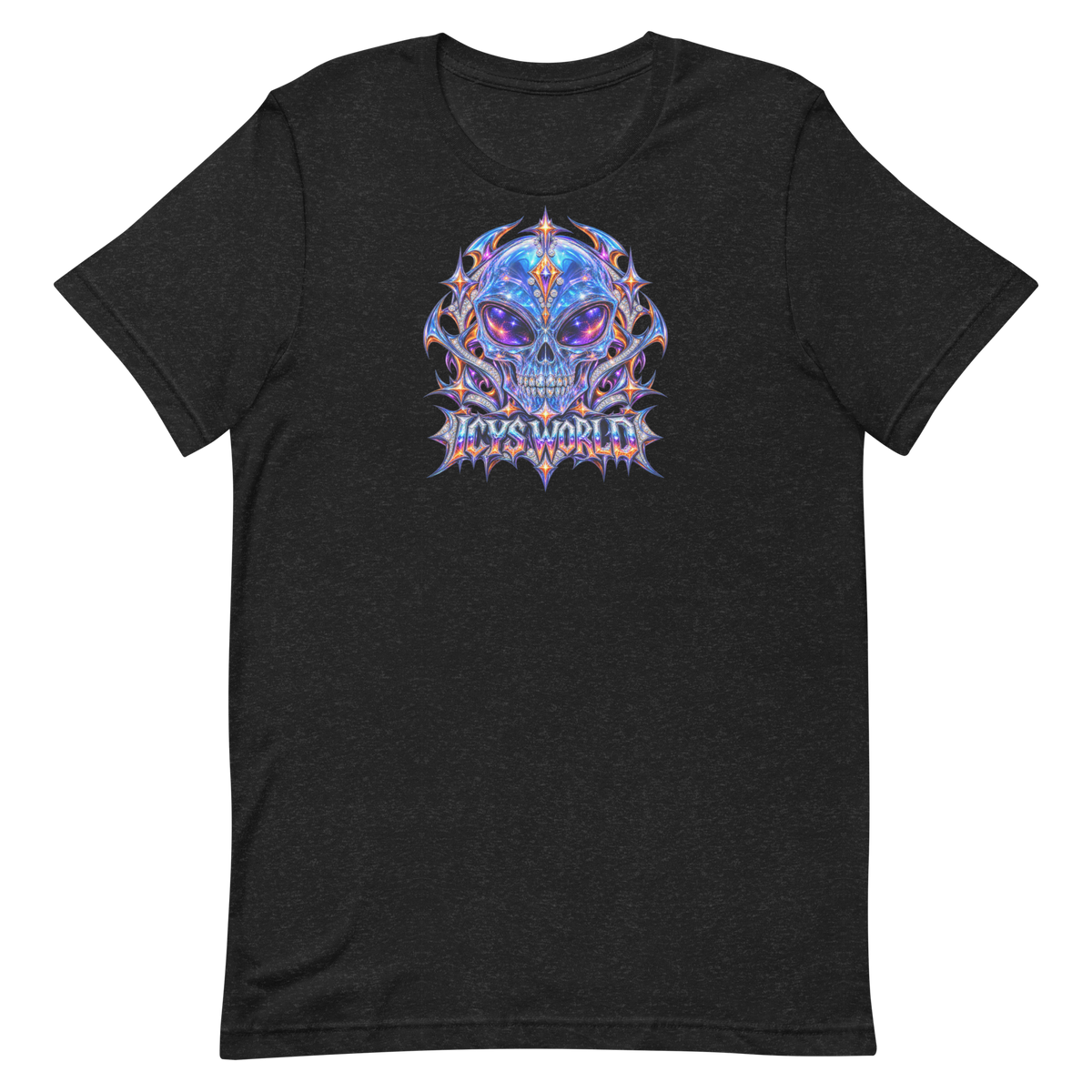 ICYS WORLD Alien Skull Tee – iced-out streetwear graphic tee, black, front view