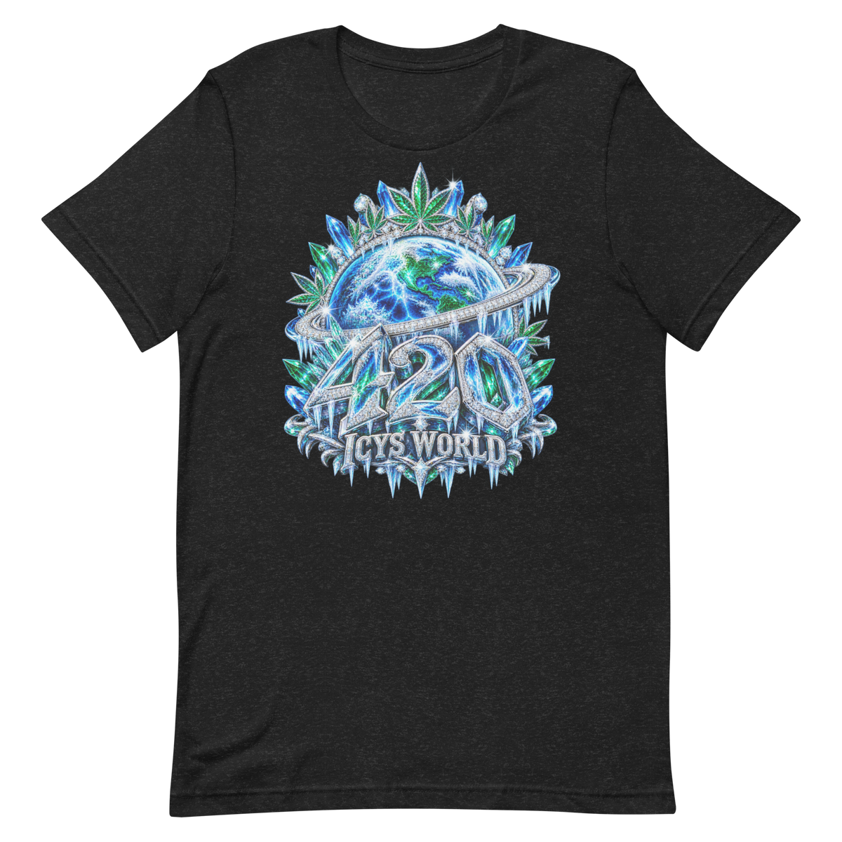 ICYS WORLD 420 Globe Tee – iced-out streetwear graphic tee, black, front view