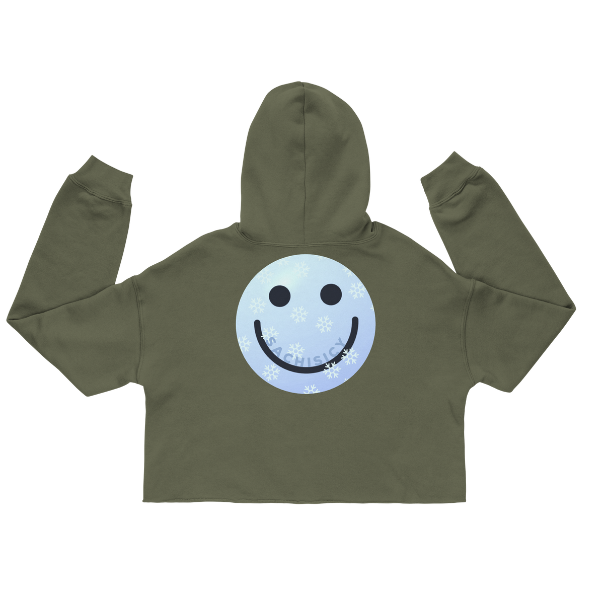 ICYS WORLD Crop Hoodie – iced-out streetwear graphic hoodie, military green, back view