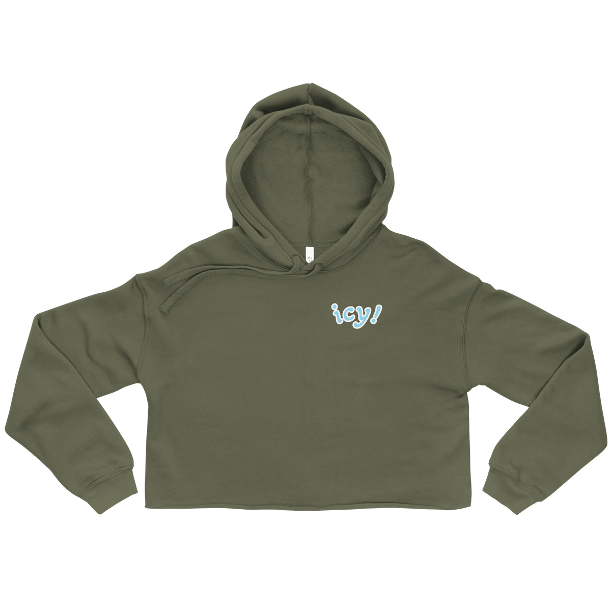 ICYS WORLD Crop Hoodie – iced-out streetwear graphic hoodie, military green, front view